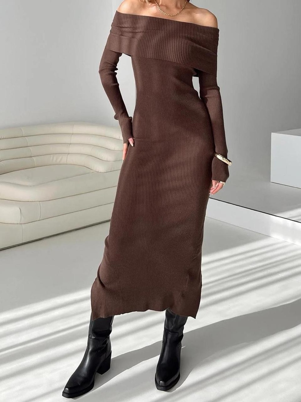 princess polly phylis off shoulder chocolate maxi sweater dress ☕️🍫